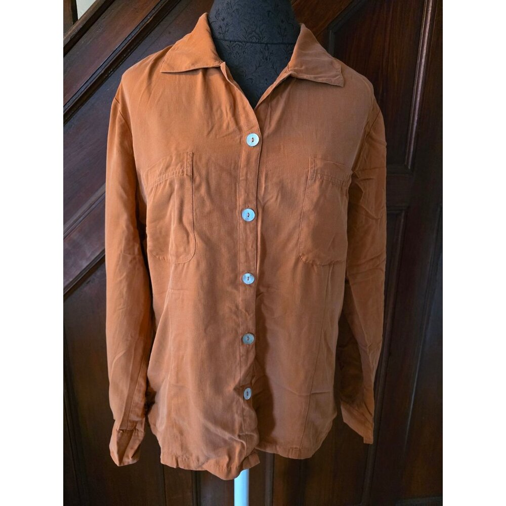 Silkland Womens 100% Silk Button-Up Orange Shirt With Front Pockets Size L